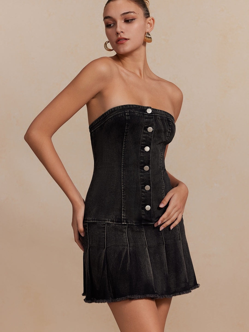 Strapless Black Denim Button-Front Mini Dress